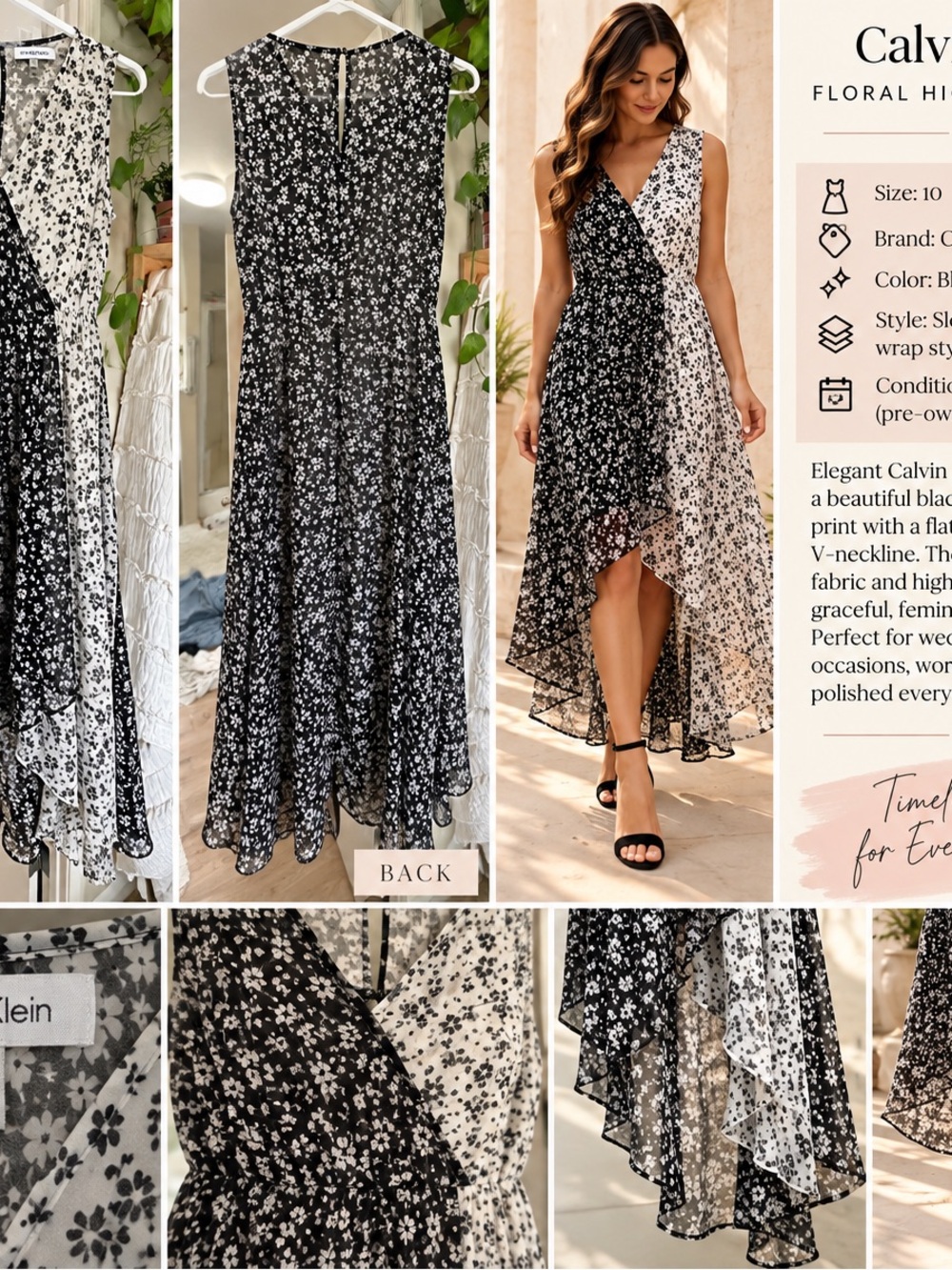 Calvin Klein Black and White Floral High-Low Wrap Dress